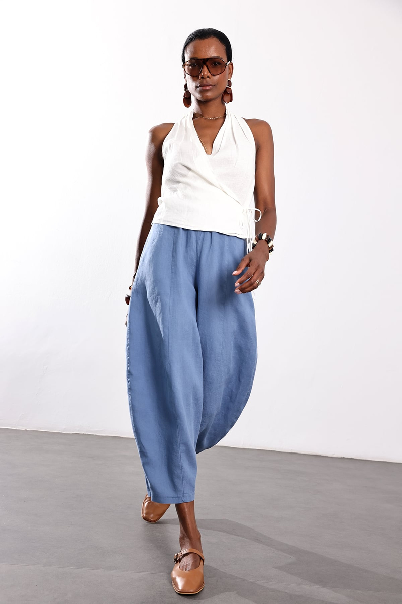 indigo Barrel Kesim Keten Pantolon 0203