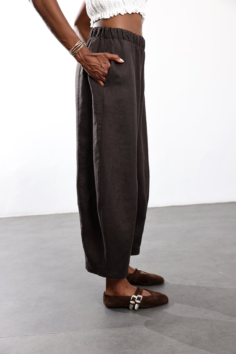 Kahverengi Barrel Kesim Keten Pantolon 0203