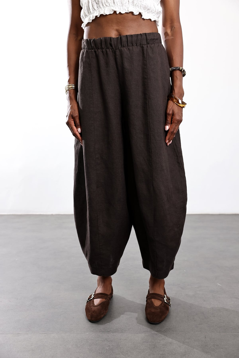 Kahverengi Barrel Kesim Keten Pantolon 0203
