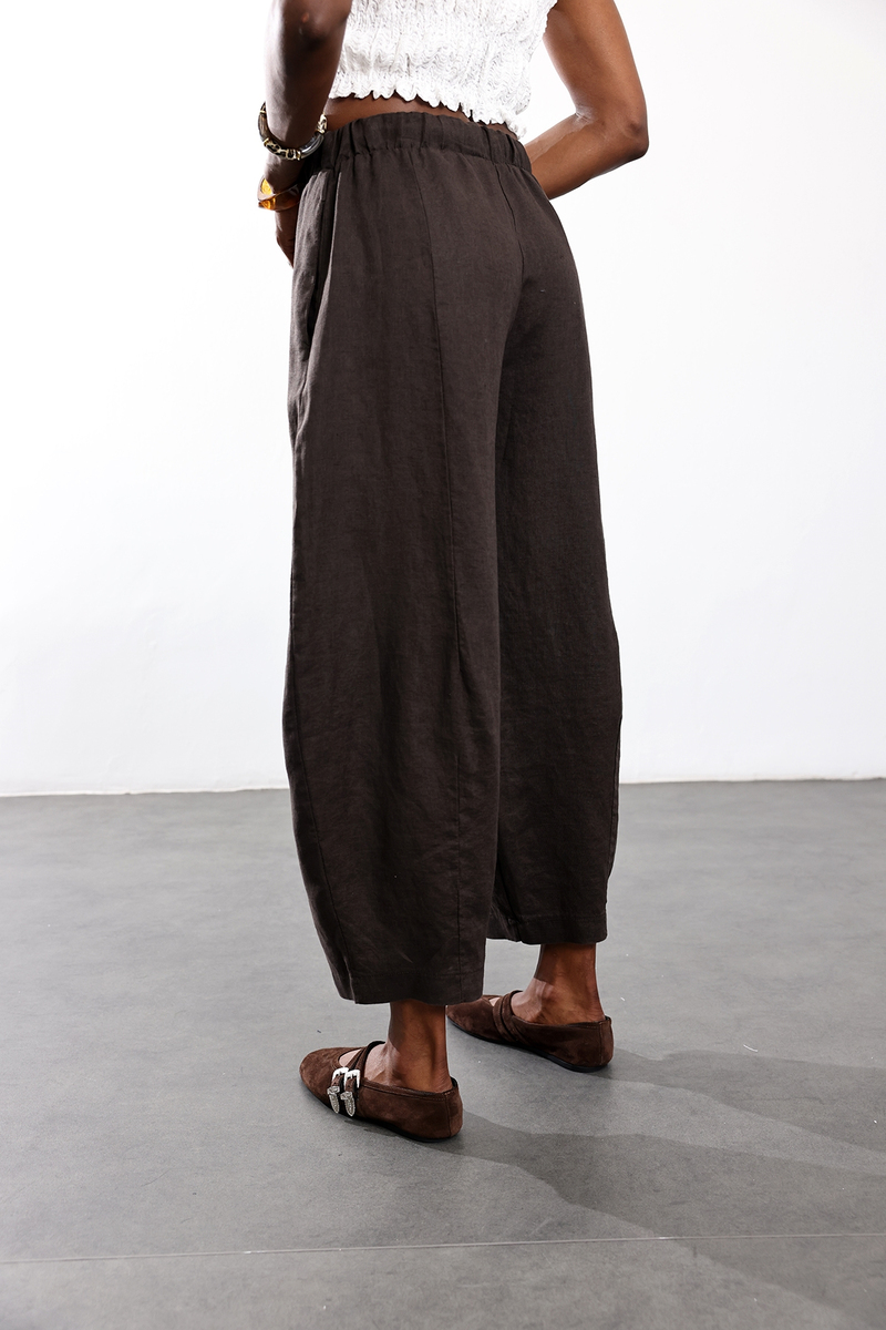 Kahverengi Barrel Kesim Keten Pantolon 0203