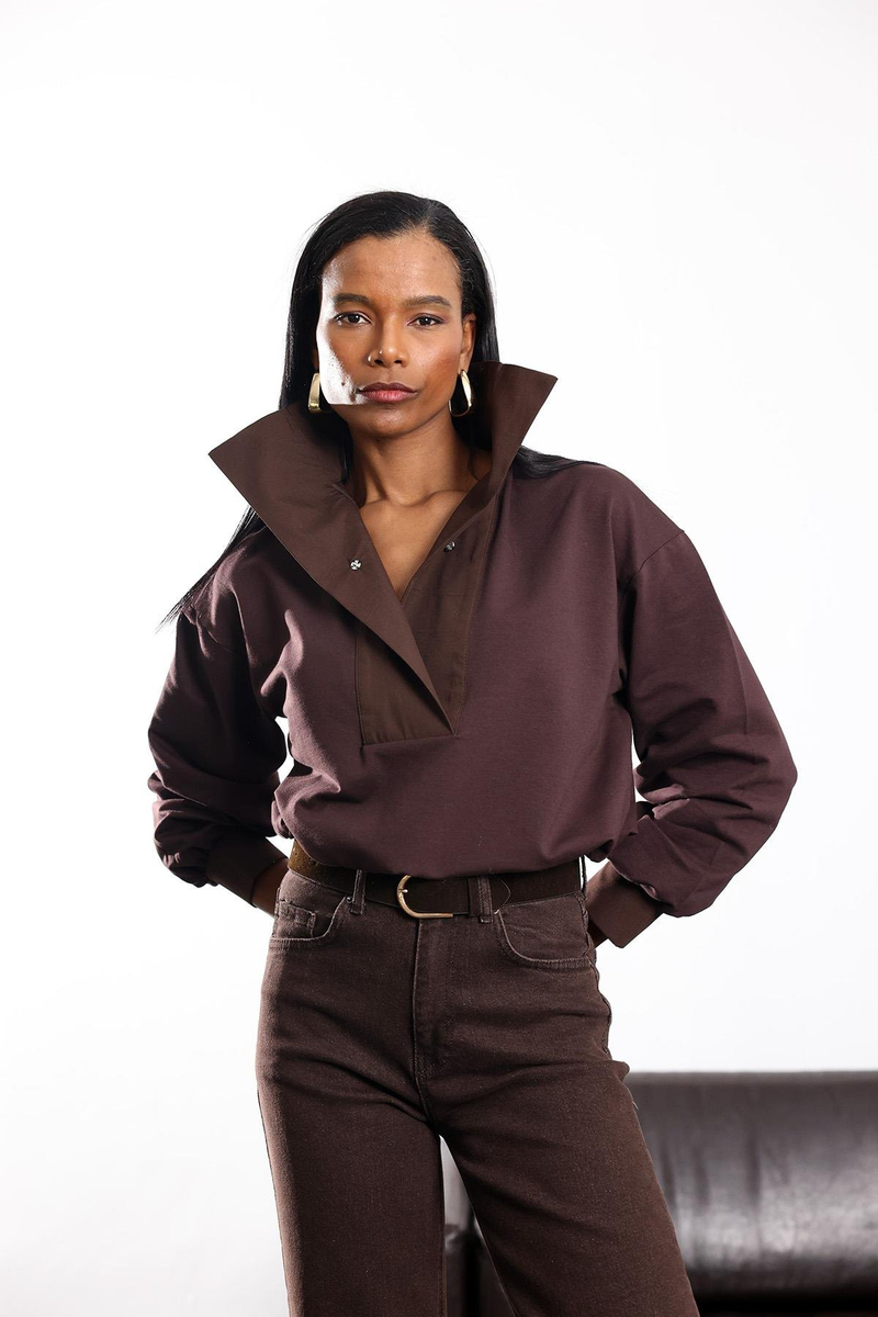 Kahverengi Beli Büzdürmeli Dik Yaka Sweatshirt 36720