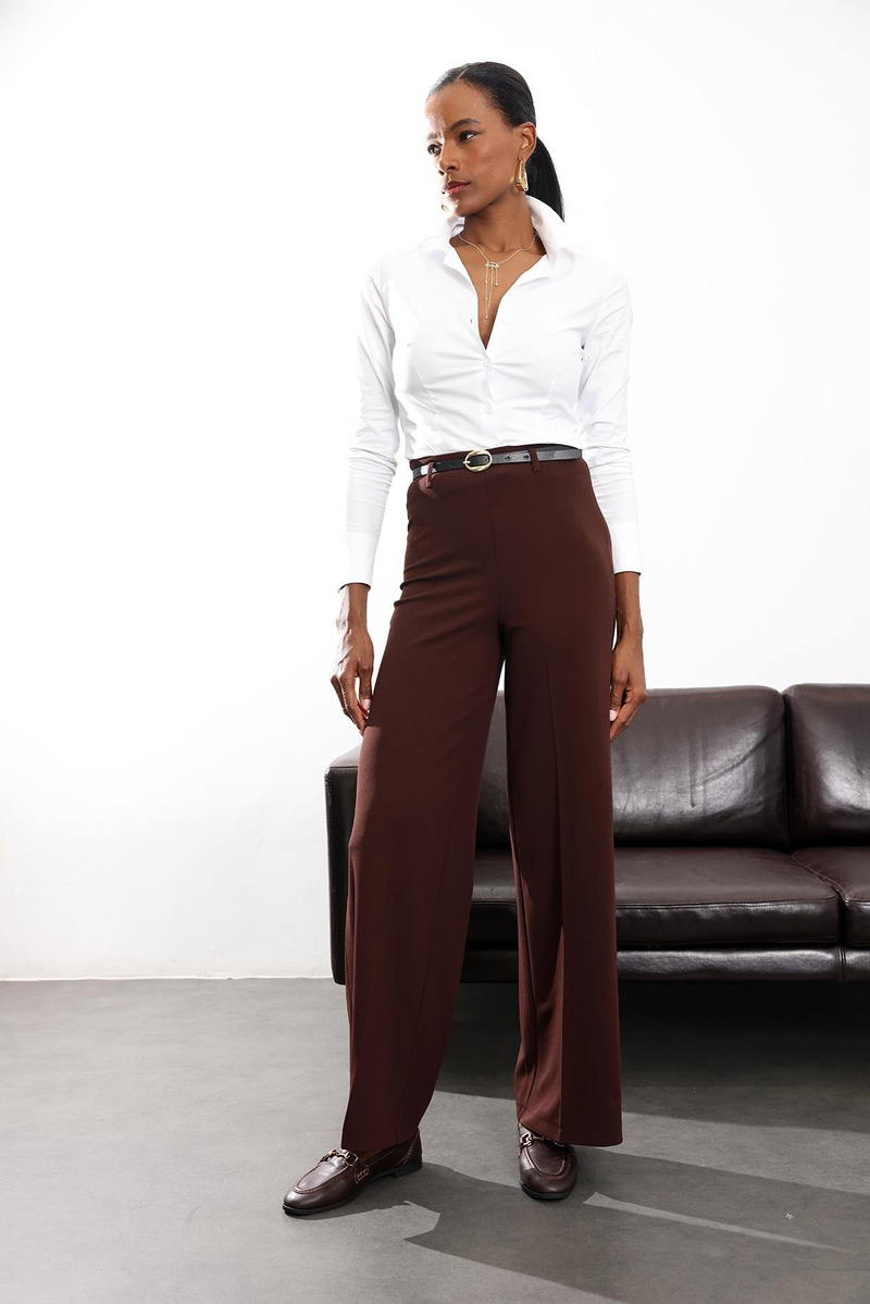 Kahverengi Kemerli Likralı Palazzo Pantolon 9150