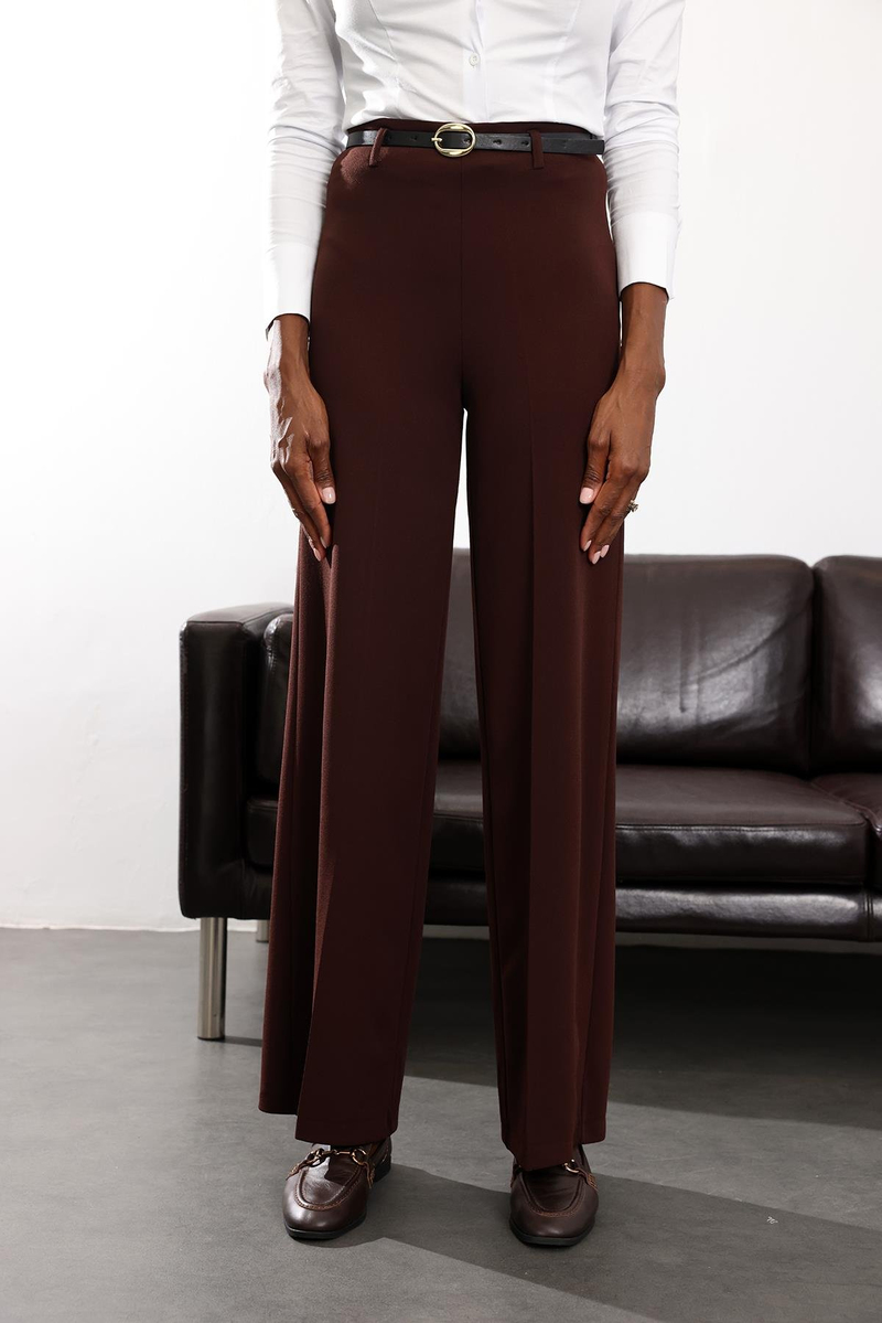 Kahverengi Kemerli Likralı Palazzo Pantolon 9150