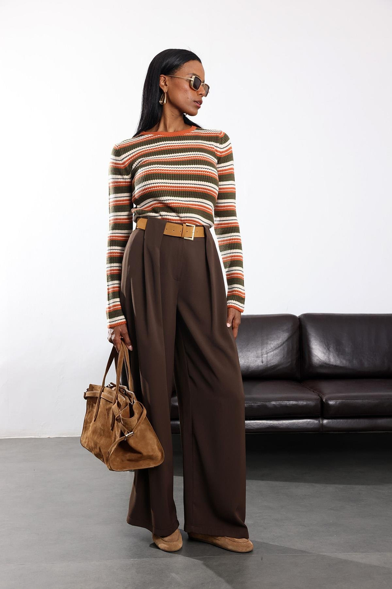 Kahverengi Kemerli Palazzo Kumaş Pantolon 3855