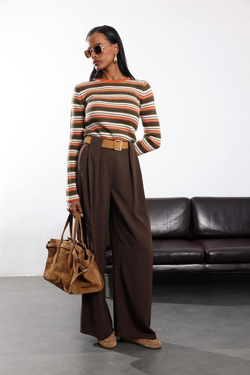 Kahverengi Kemerli Palazzo Kumaş Pantolon 3855