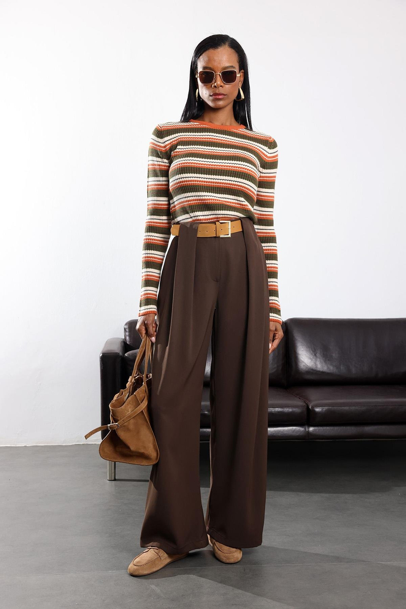 Kahverengi Kemerli Palazzo Kumaş Pantolon 3855