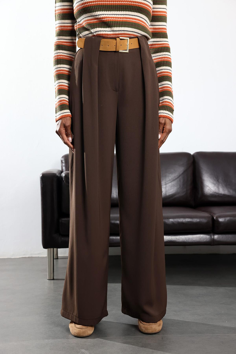 Kahverengi Kemerli Palazzo Kumaş Pantolon 3855