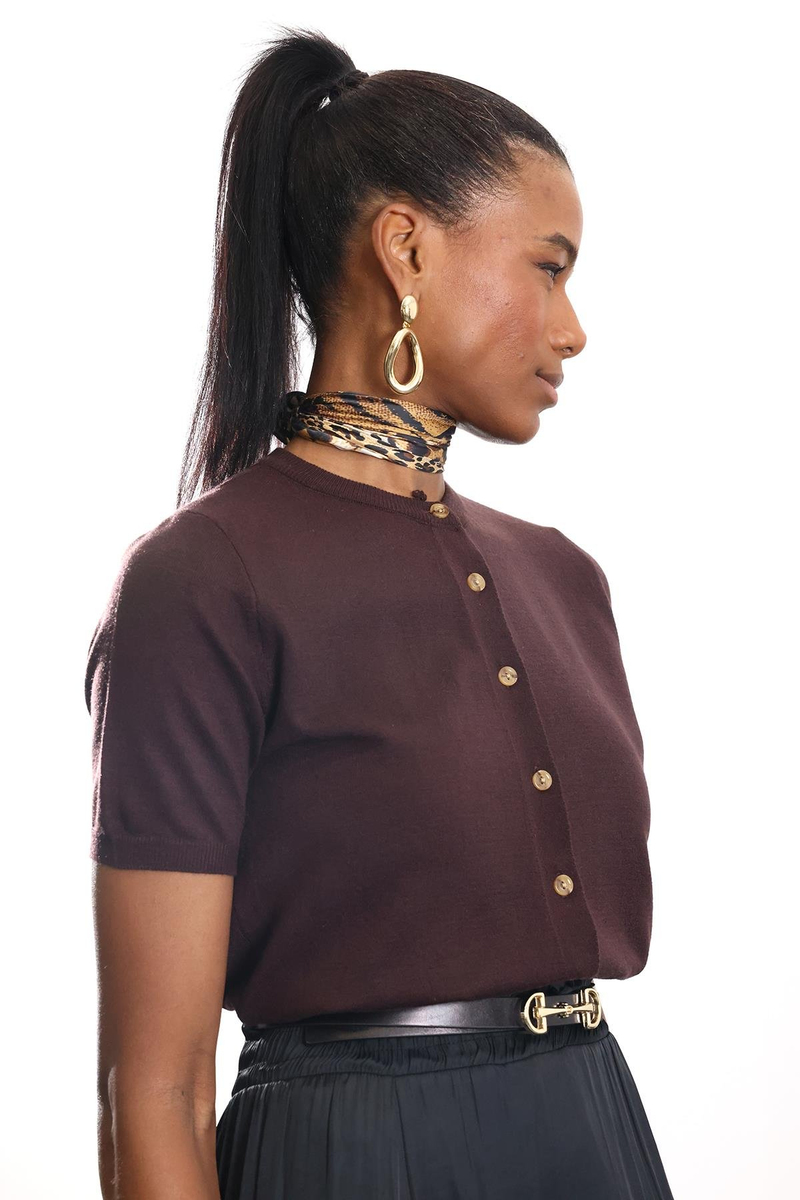 Kahverengi Kısa Kollu Triko Hırka 