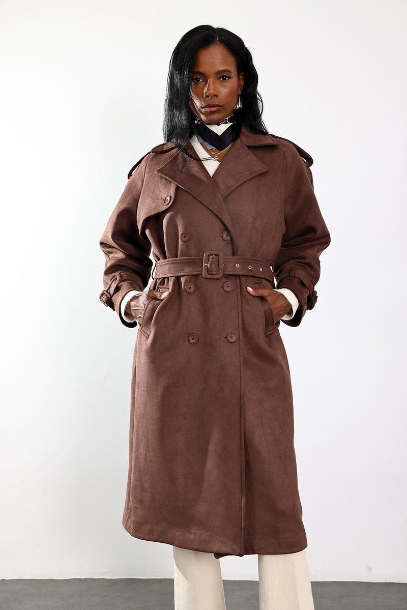 Kahverengi Kruvaze Yaka Süet Kaban 9608