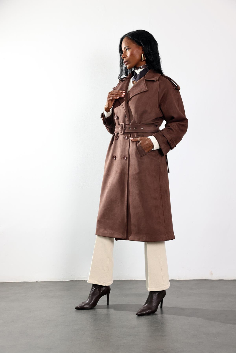 Kahverengi Kruvaze Yaka Süet Kaban 9608