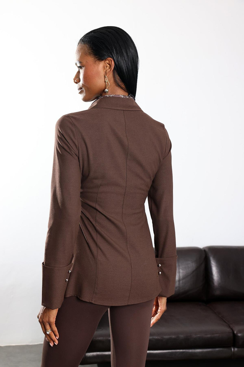 Kahverengi Metal Düğmeli Slim Fit Gömlek 1289