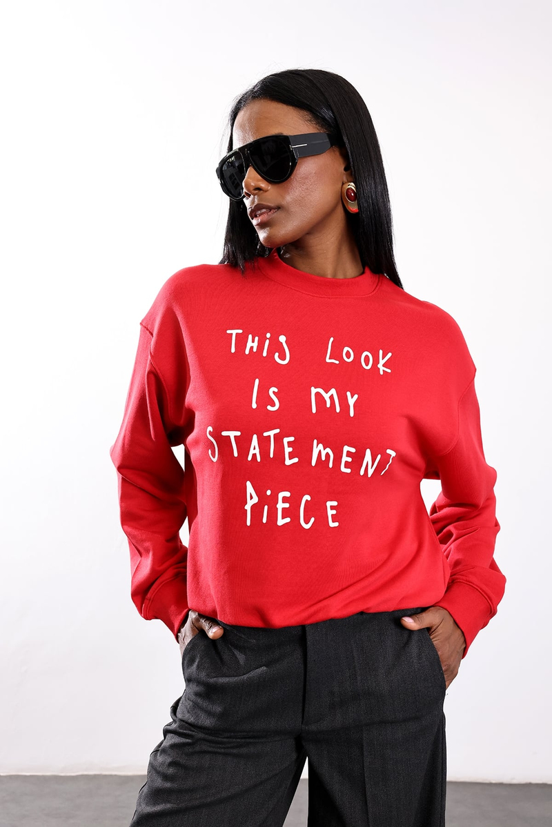 Kırmızı Bisiklet Yaka Yazılı Sweatshirt 955