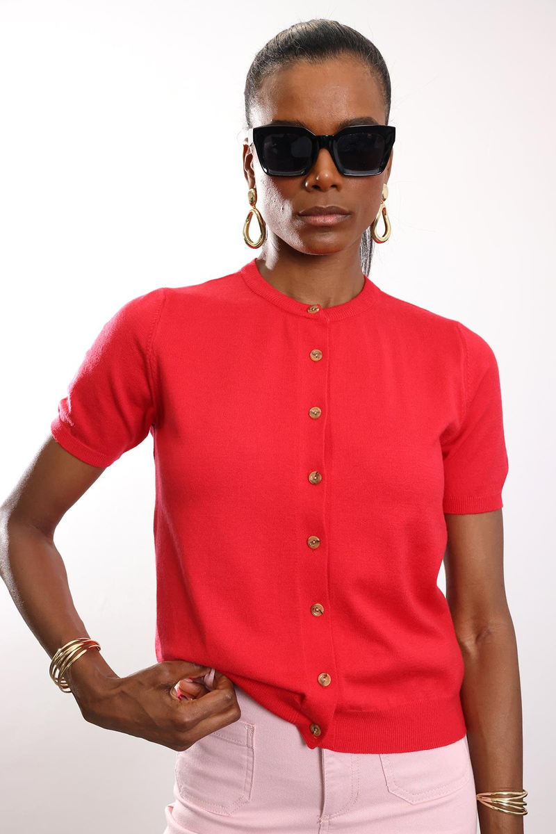 Kırmızı Kısa Kollu Triko Hırka 
