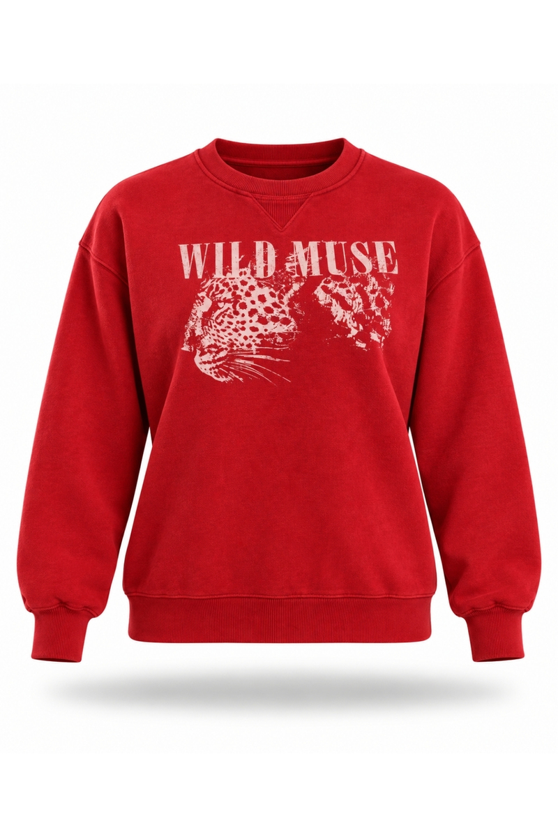 Kırmızı Wild Muse Baskılı Sweatshirt 19106