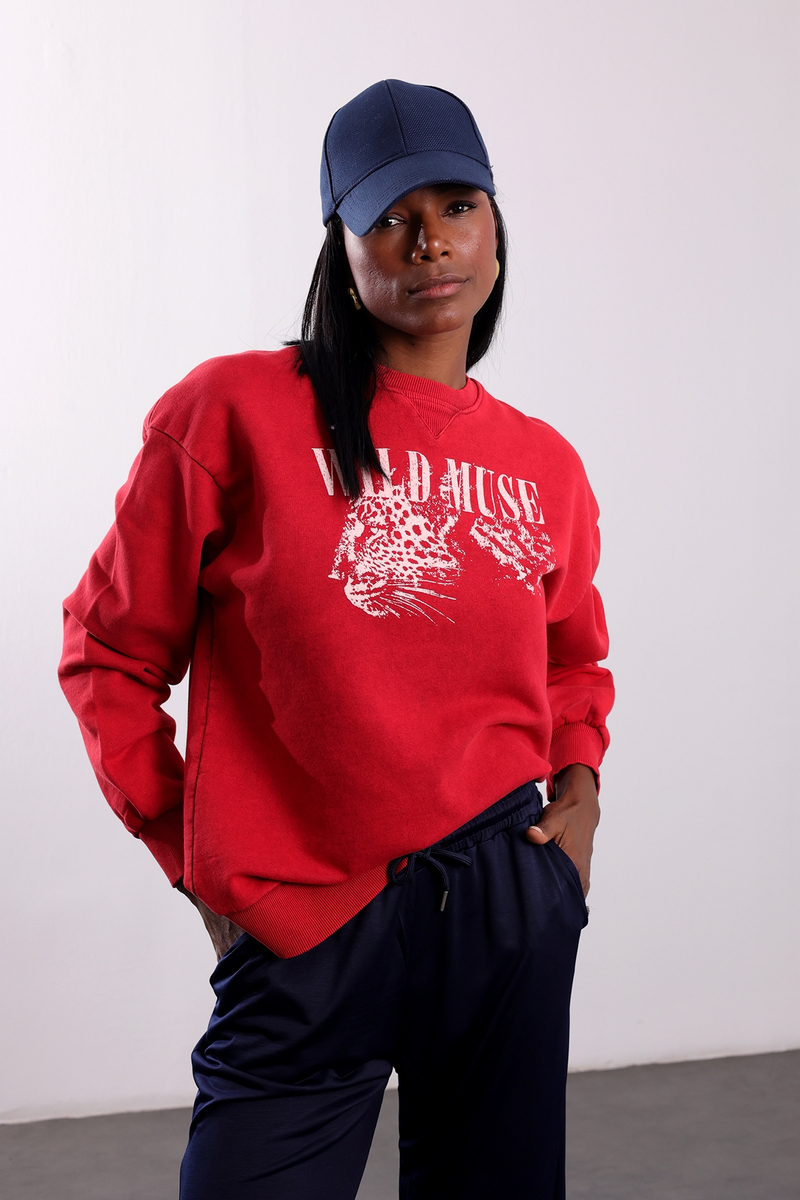 Kırmızı Wild Muse Baskılı Sweatshirt 19106