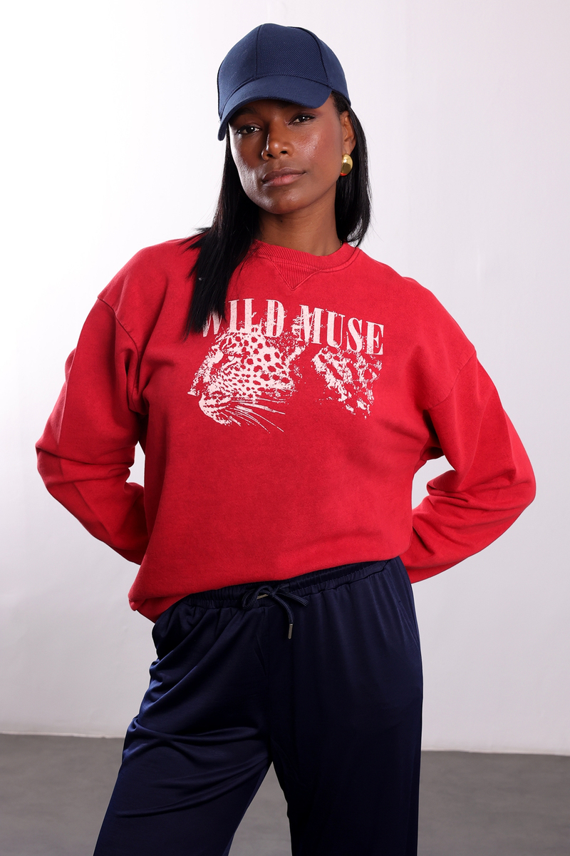 Kırmızı Wild Muse Baskılı Sweatshirt 19106
