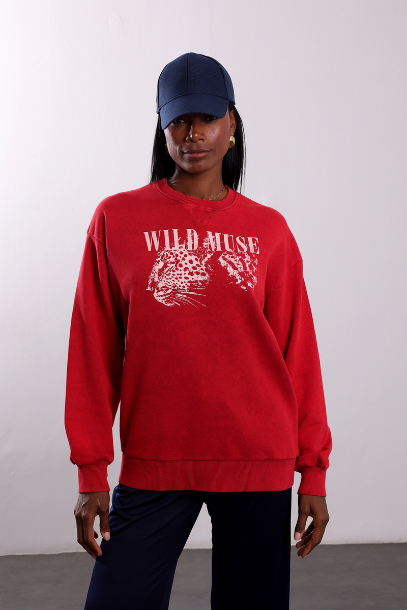 Kırmızı Wild Muse Baskılı Sweatshirt 19106