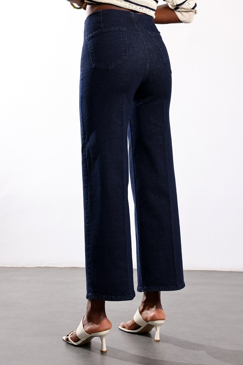 Koyu Lacivert Beli Lastikli Düz Kesim Jean 761