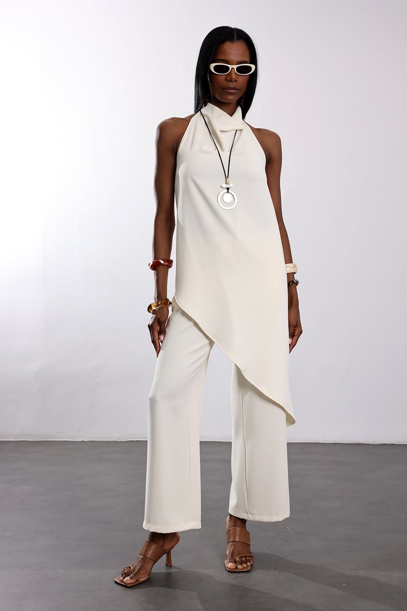 Krem Halter Yaka Asimetrik Bluz 18405