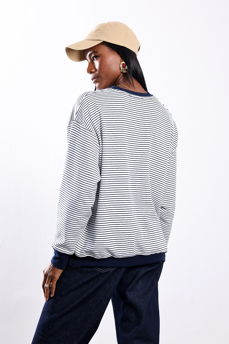Lacivert Oversize Çizgili Sweatshirt 27368