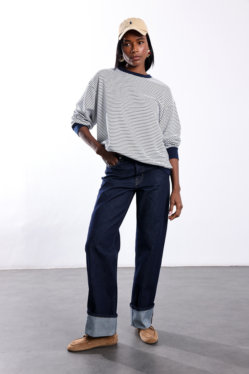 Lacivert Oversize Çizgili Sweatshirt 27368