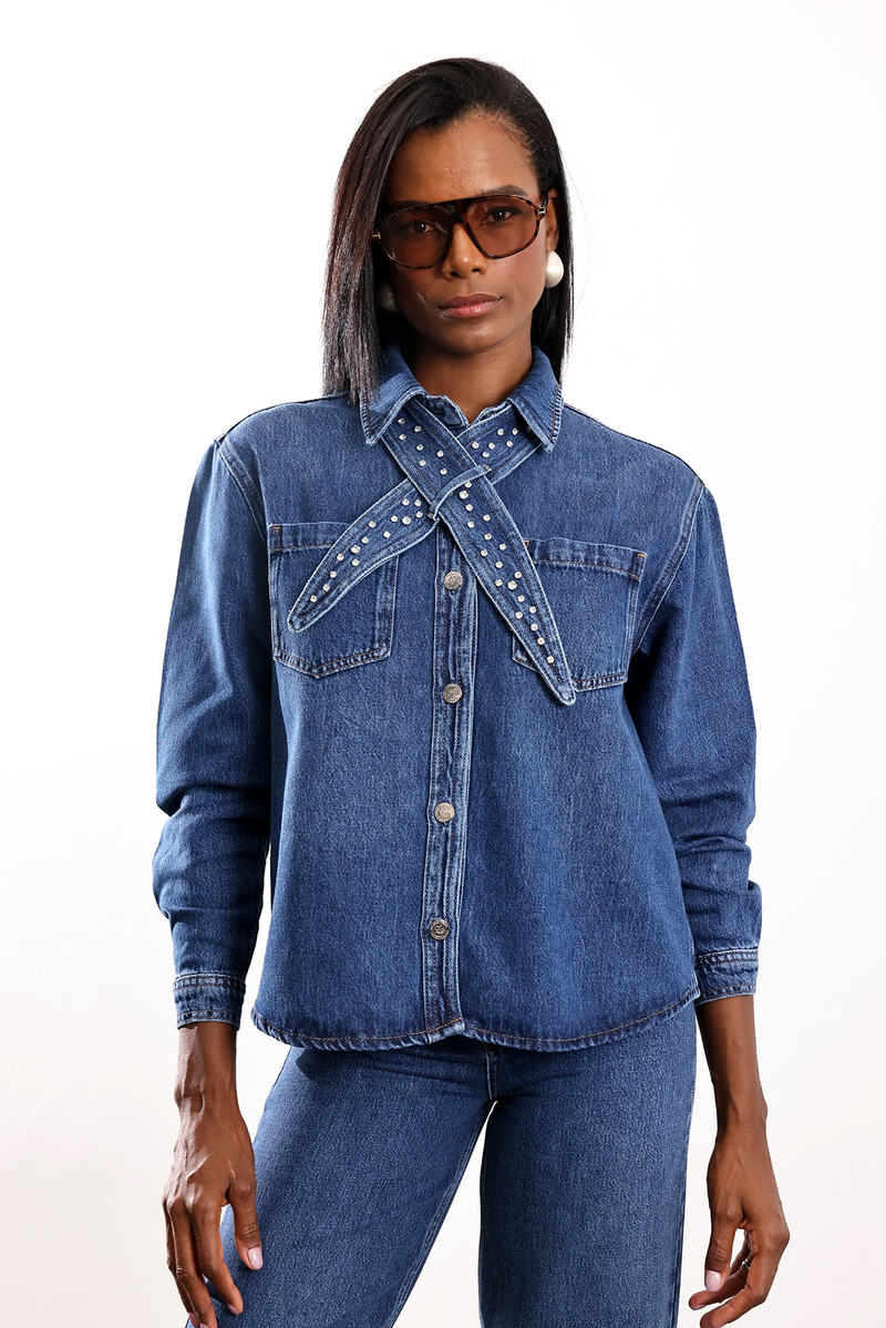 Mavi Çıkarılabilir Fularlı Denim Gömlek 8430