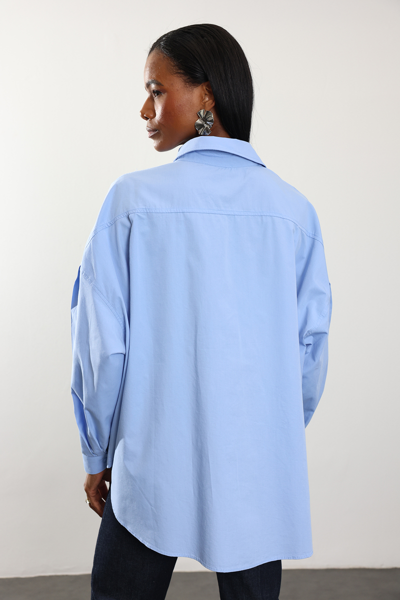 Mavi Oversize Poplin Gömlek 4008