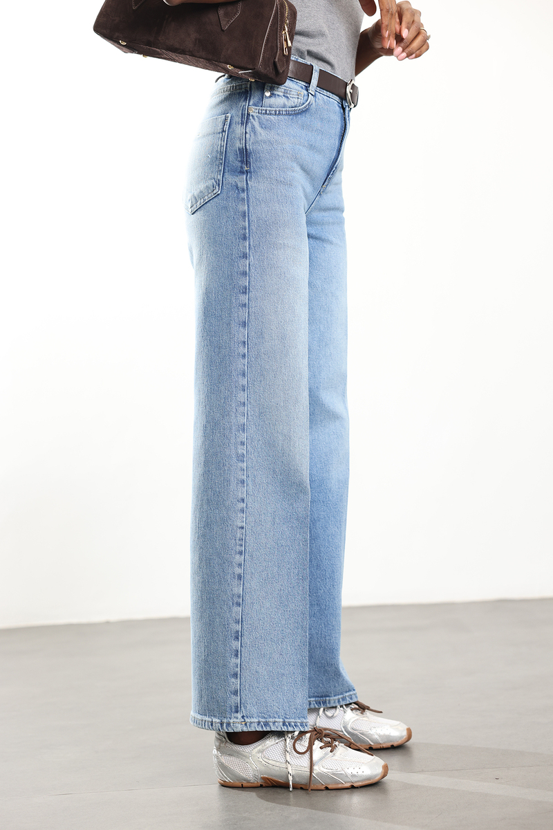 Mavi Yüksek Bel Cebi Dikişsiz Wide Leg Jean 