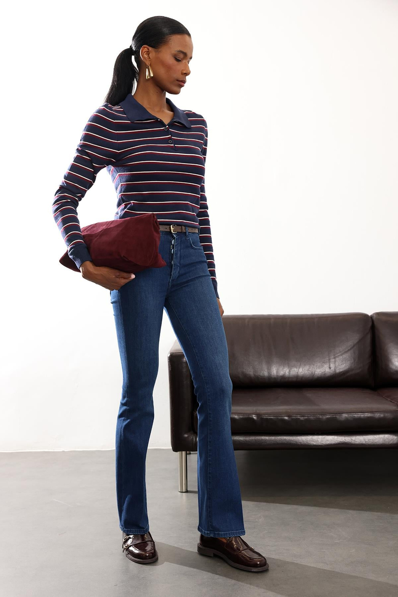 Mavi Yüksek Bel Likralı Bootcut Jean 