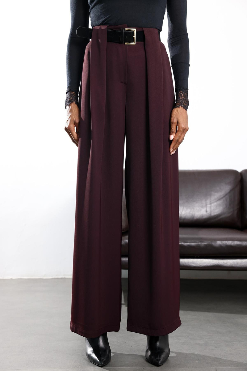 Mürdüm Kemerli Palazzo Kumaş Pantolon 3855