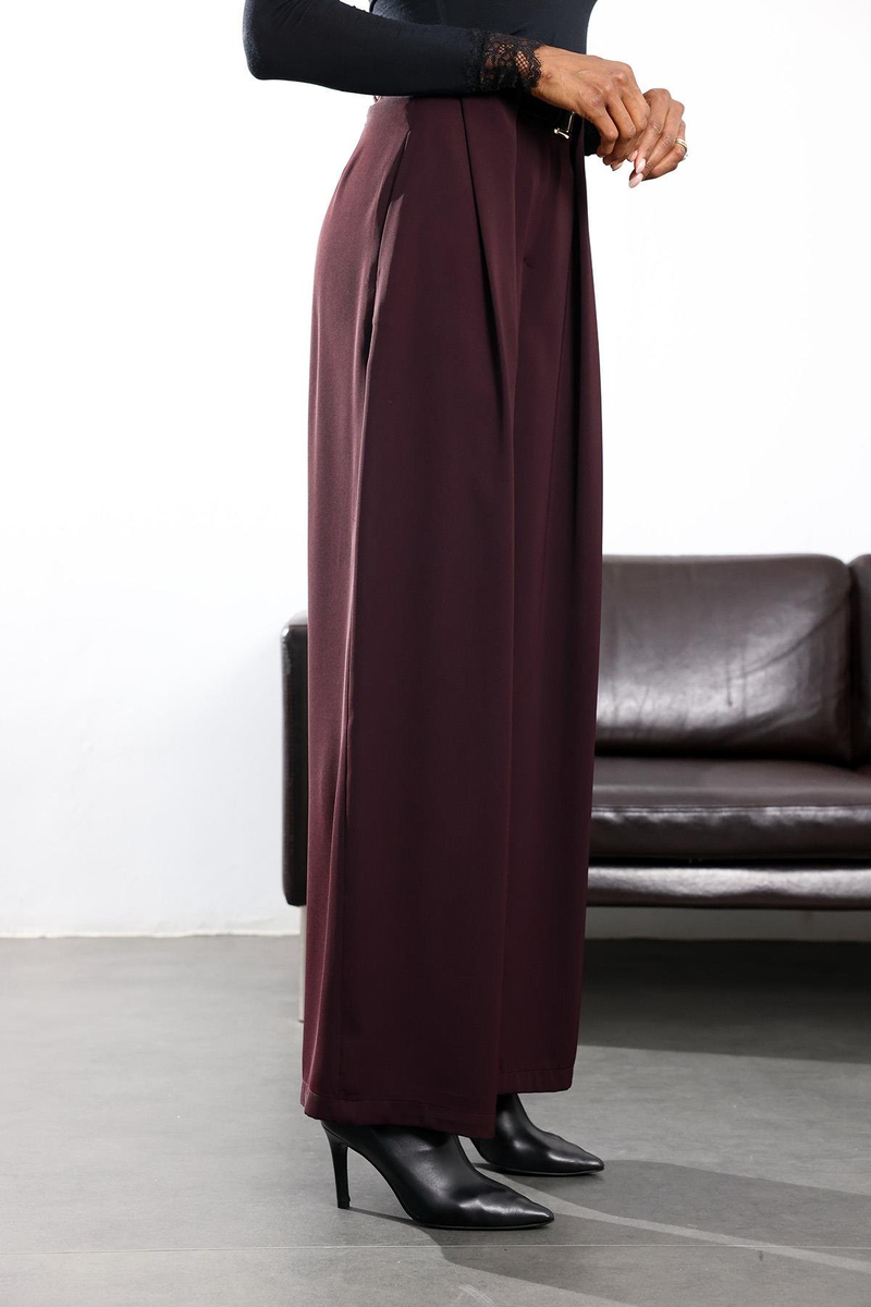 Mürdüm Kemerli Palazzo Kumaş Pantolon 3855