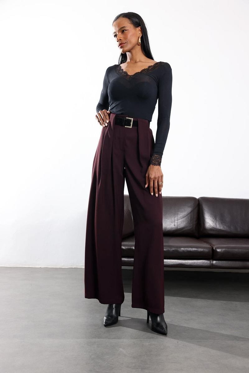 Mürdüm Kemerli Palazzo Kumaş Pantolon 3855