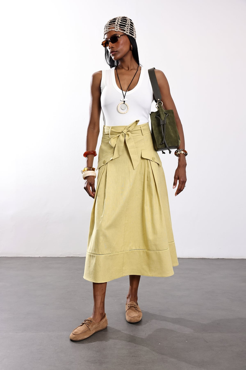 Olive Kemerli Midi Etek 2026