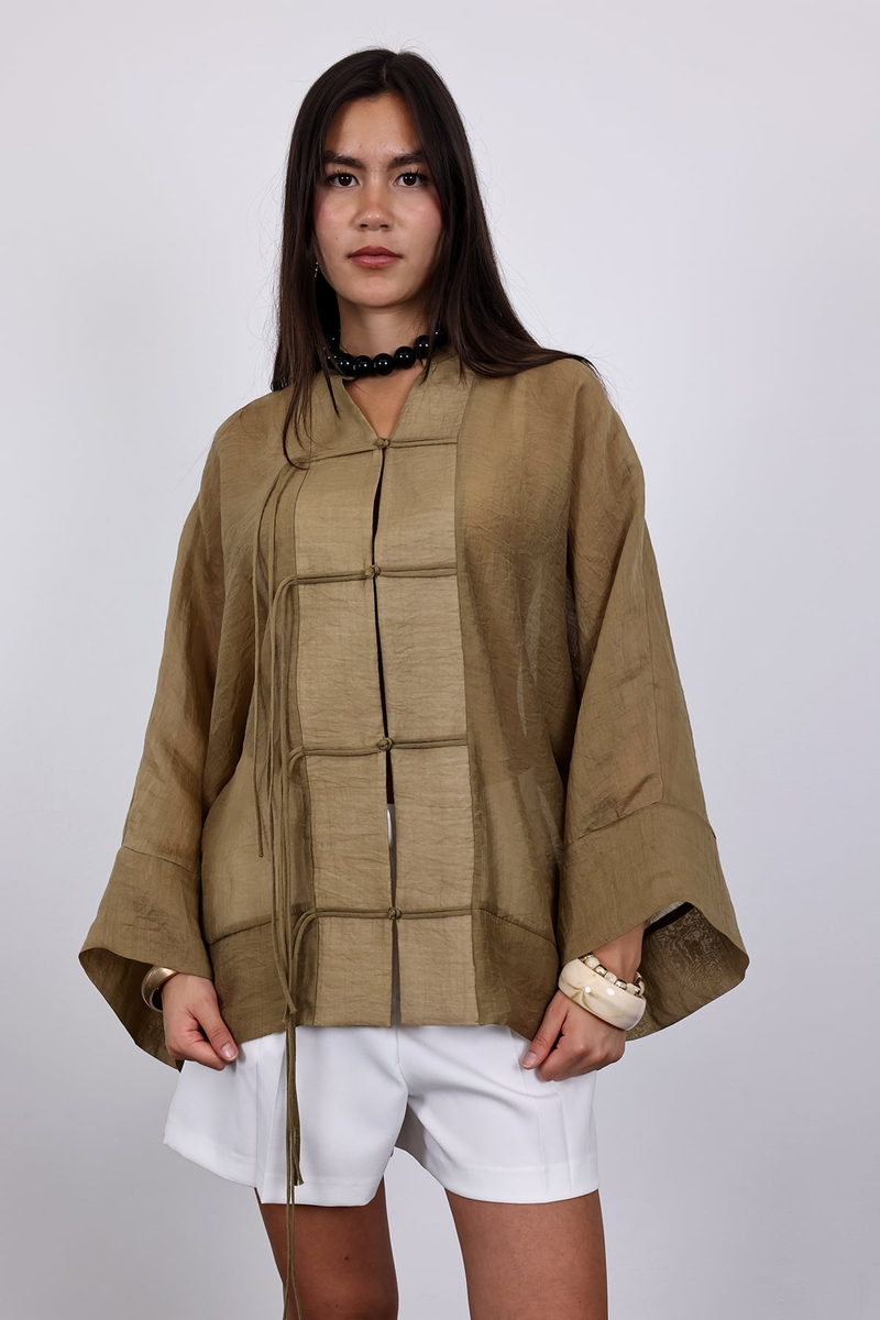 Olive Süslü Düğmeli Dökümlü Gömlek 5098
