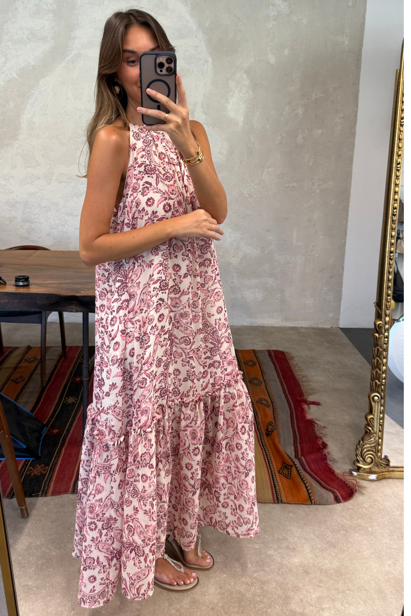 Pembe Desenli Şifon Elbise 00820