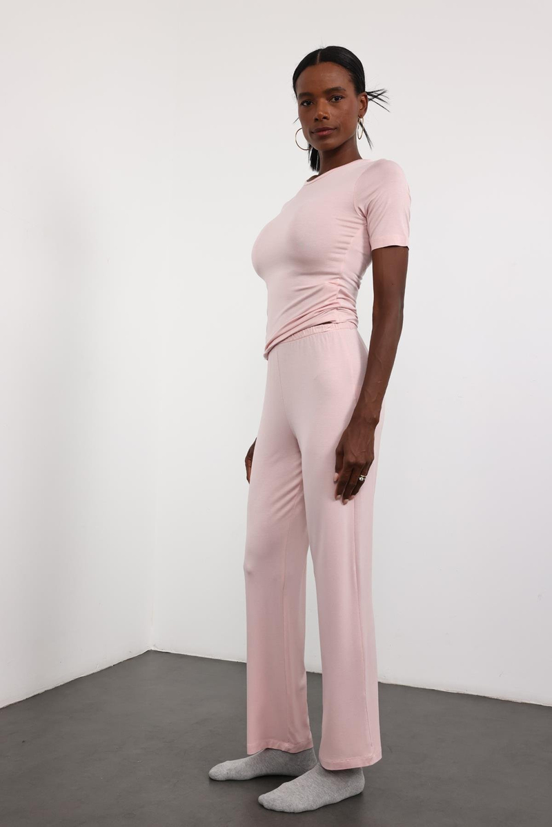 Pembe Dökümlü Yumuşak Pijama Takım 