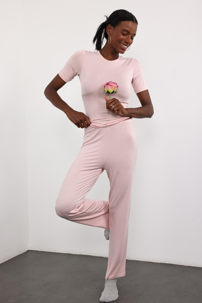 Pembe Dökümlü Yumuşak Pijama Takım 