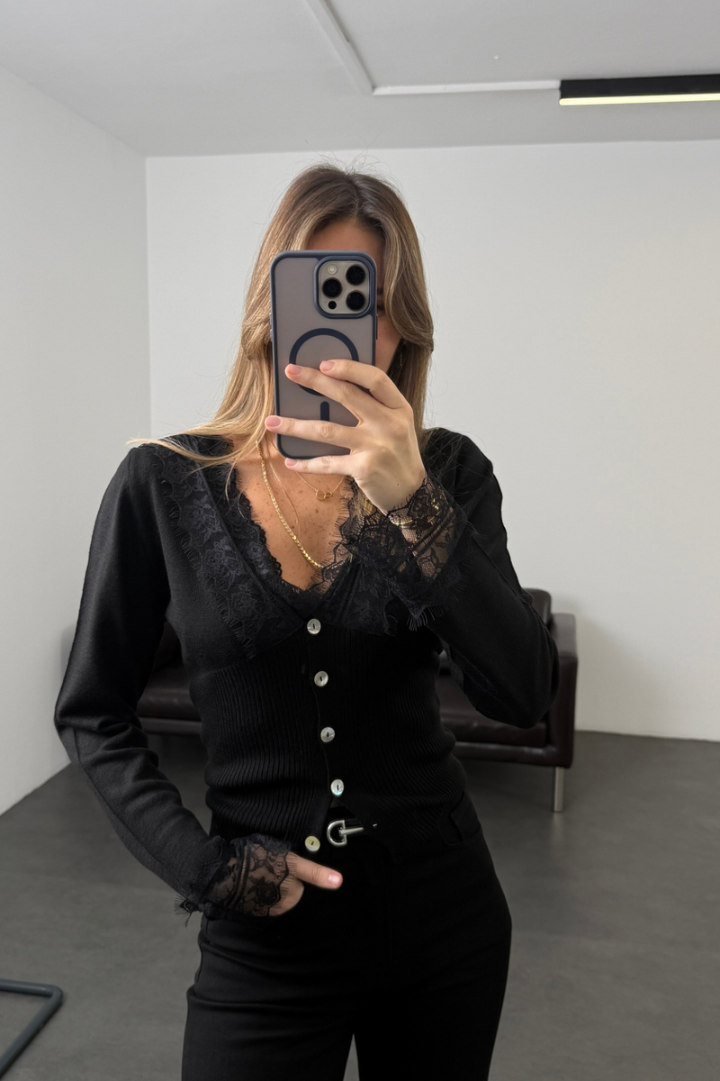 Siyah Dantel Detaylı V Yaka Triko TH251066