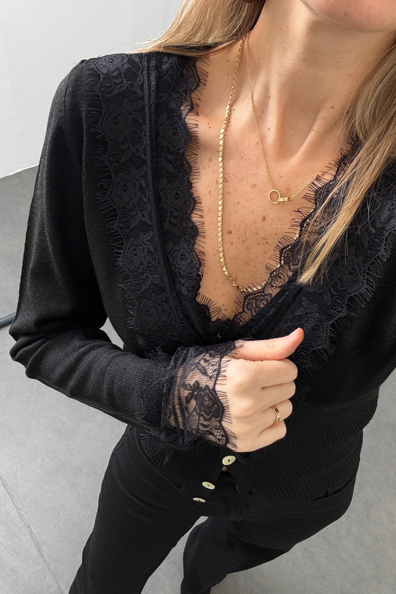 Siyah Dantel Detaylı V Yaka Triko TH251066