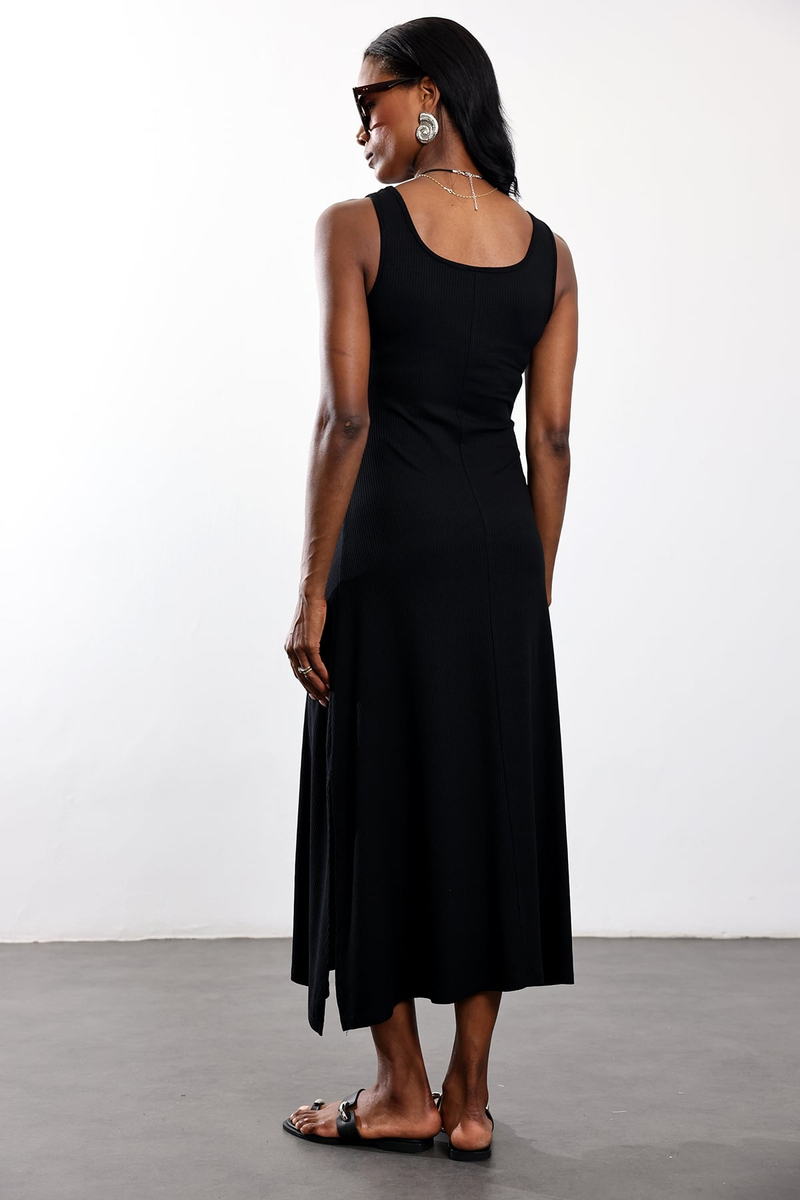 Siyah Fitilli Maxi Boy Elbise 