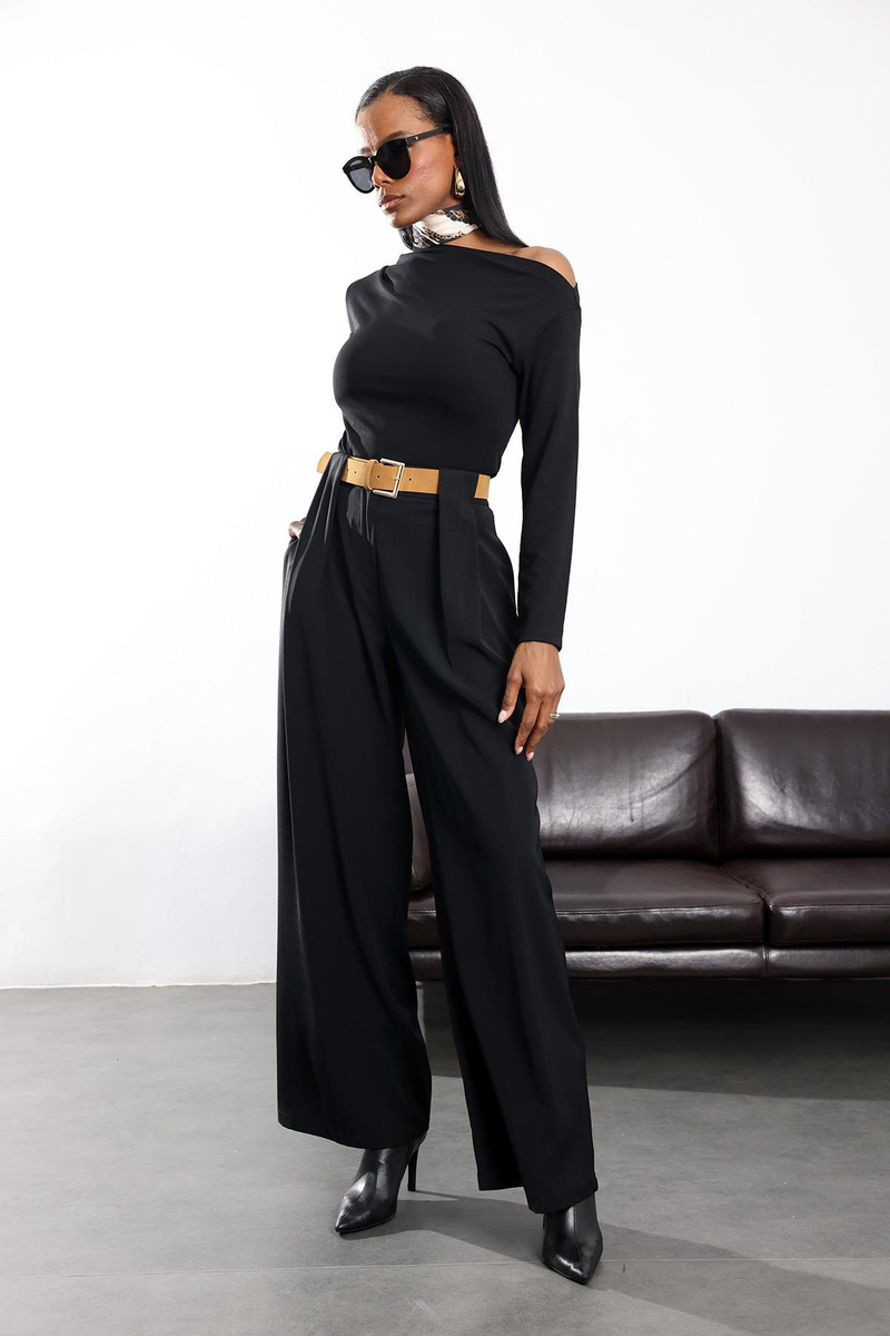 Siyah Kemerli Palazzo Kumaş Pantolon 3855