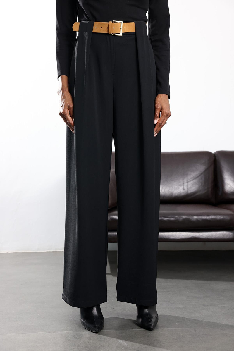 Siyah Kemerli Palazzo Kumaş Pantolon 3855