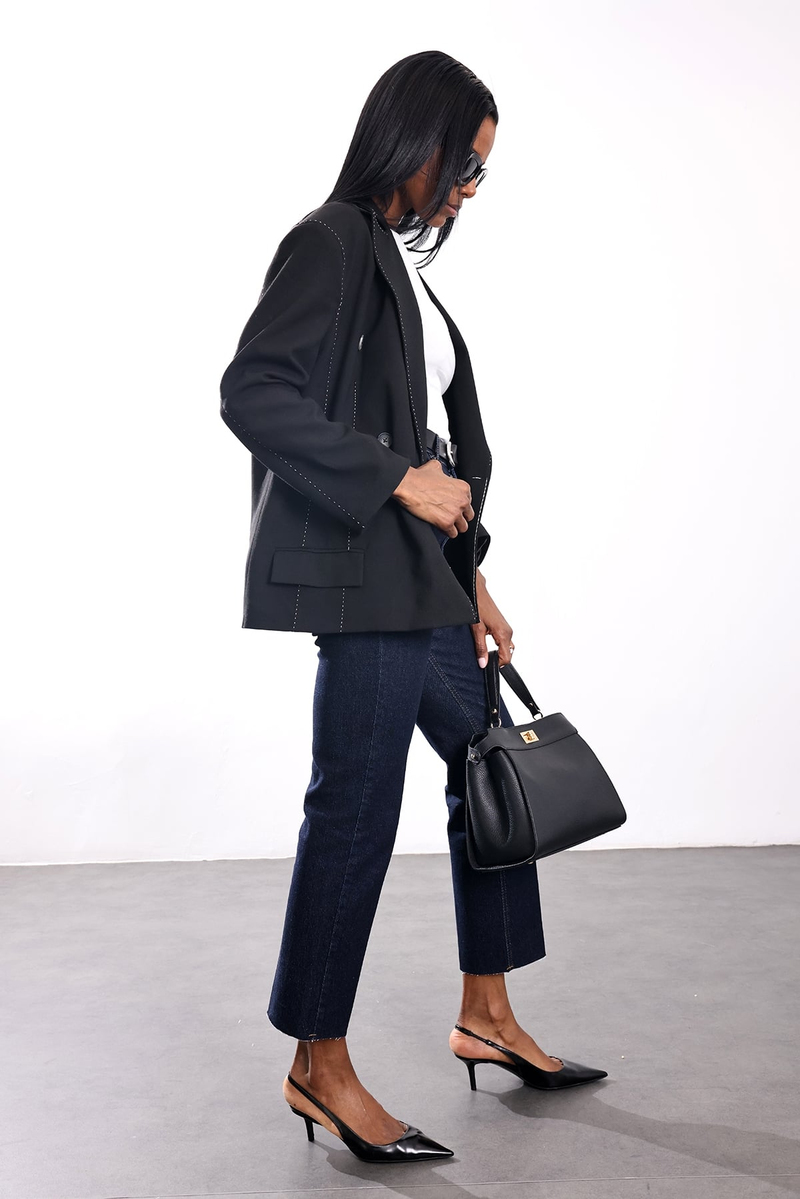 Siyah Kontrast Dikişli Oversize Ceket 9713
