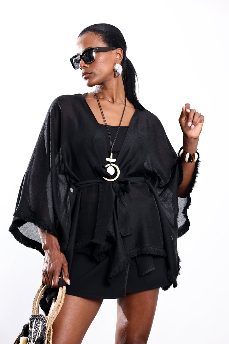 Siyah Kuşaklı Püsküllü Kimono 5101