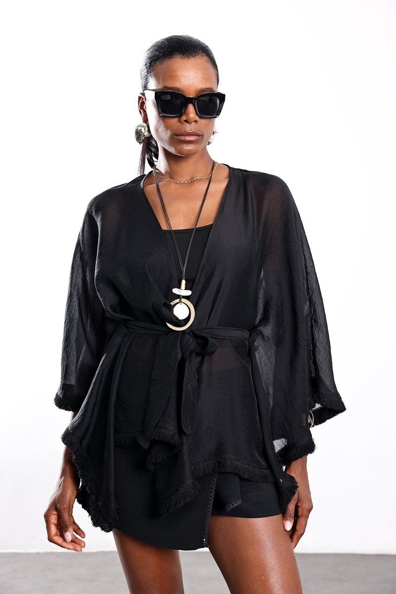 Siyah Kuşaklı Püsküllü Kimono 5101