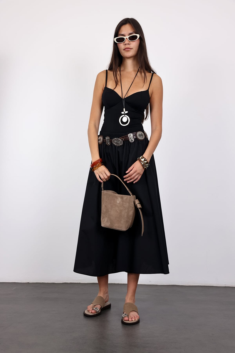 Siyah Poplin Midi Etek 4603