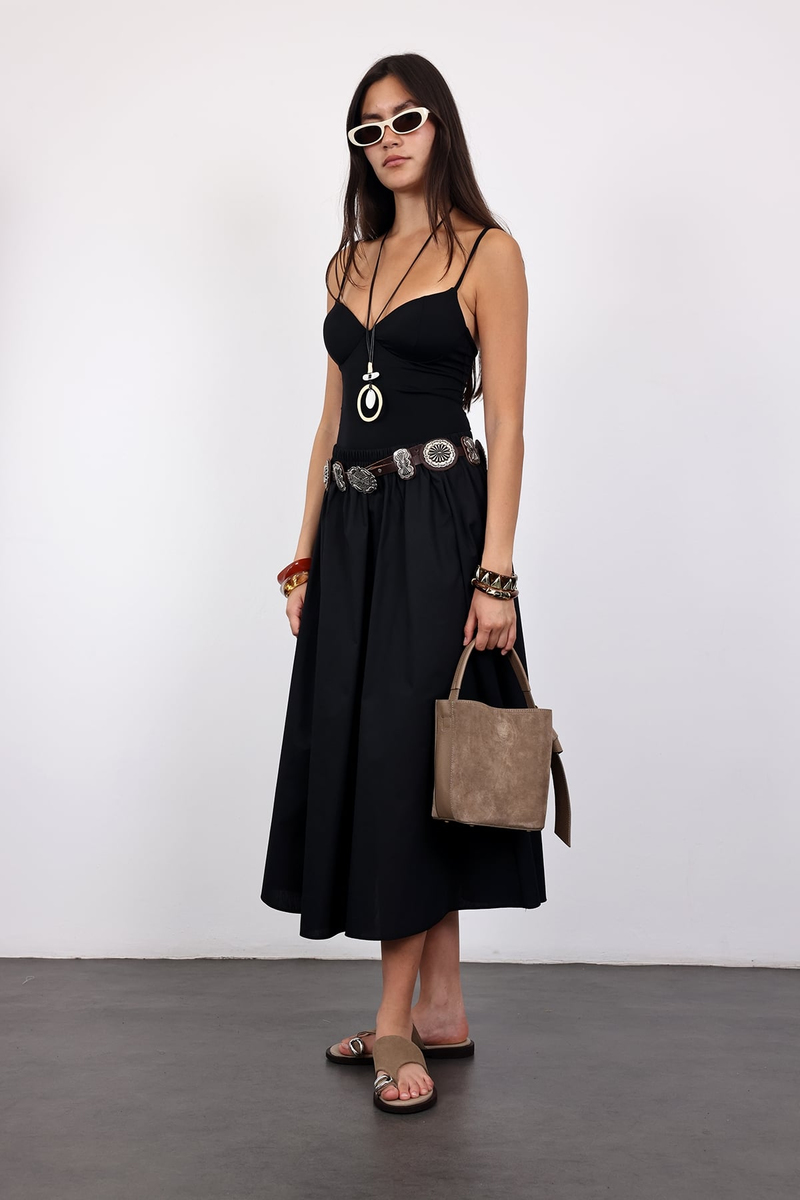 Siyah Poplin Midi Etek 4603