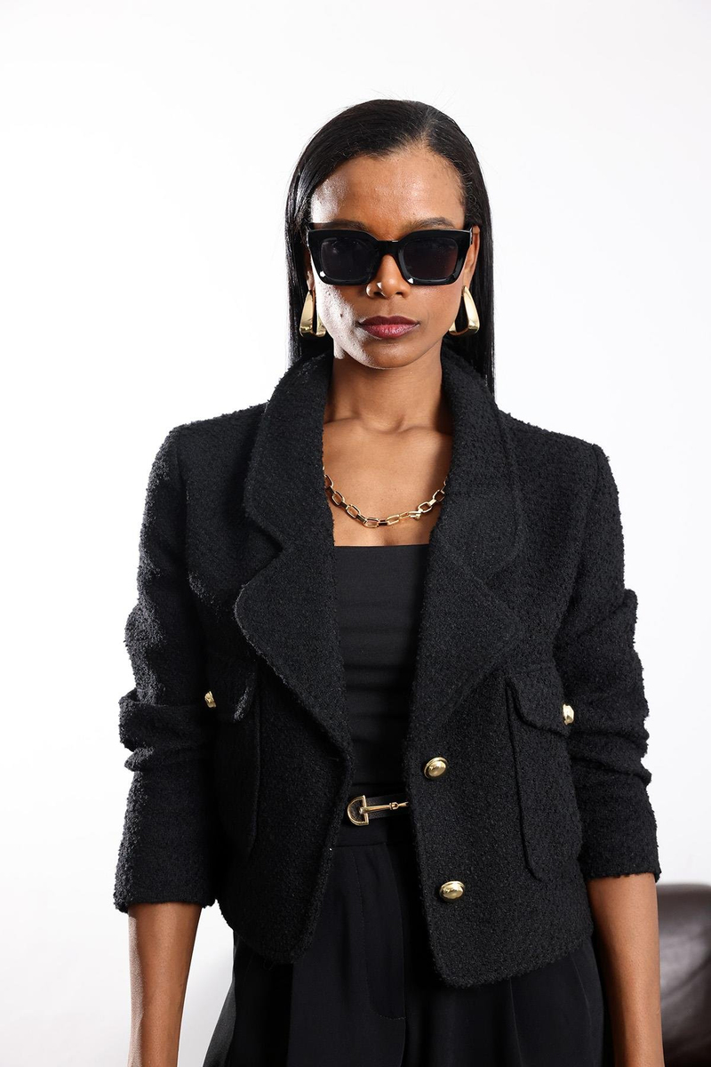 Siyah Yün Karışımlı Tüvit Ceket 03016