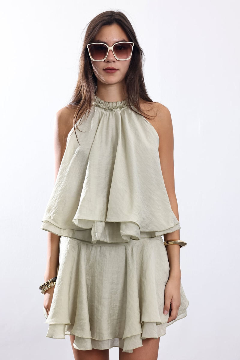 Yeşil Halter Yaka Volanlı Bluz 071946
