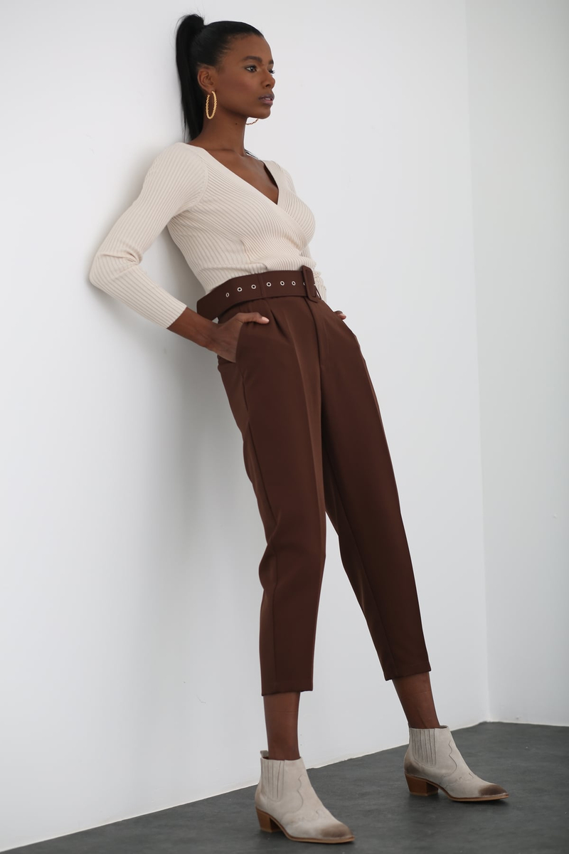 Acı Kahve Kemerli Krep Pantolon 0108